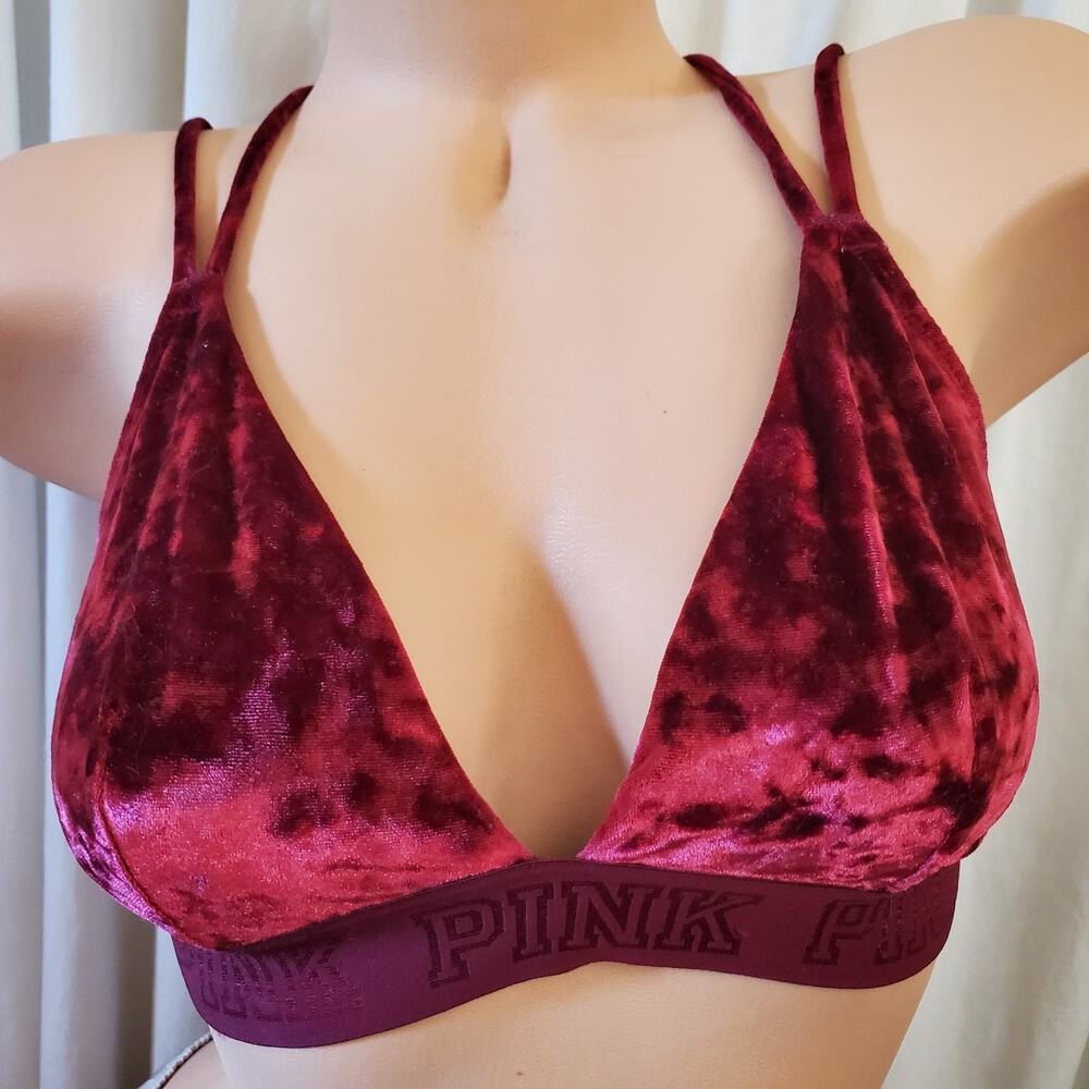 Victorias Secret PINK Velvet Triangle Bralette Maroon Red Logo Band Small Medium